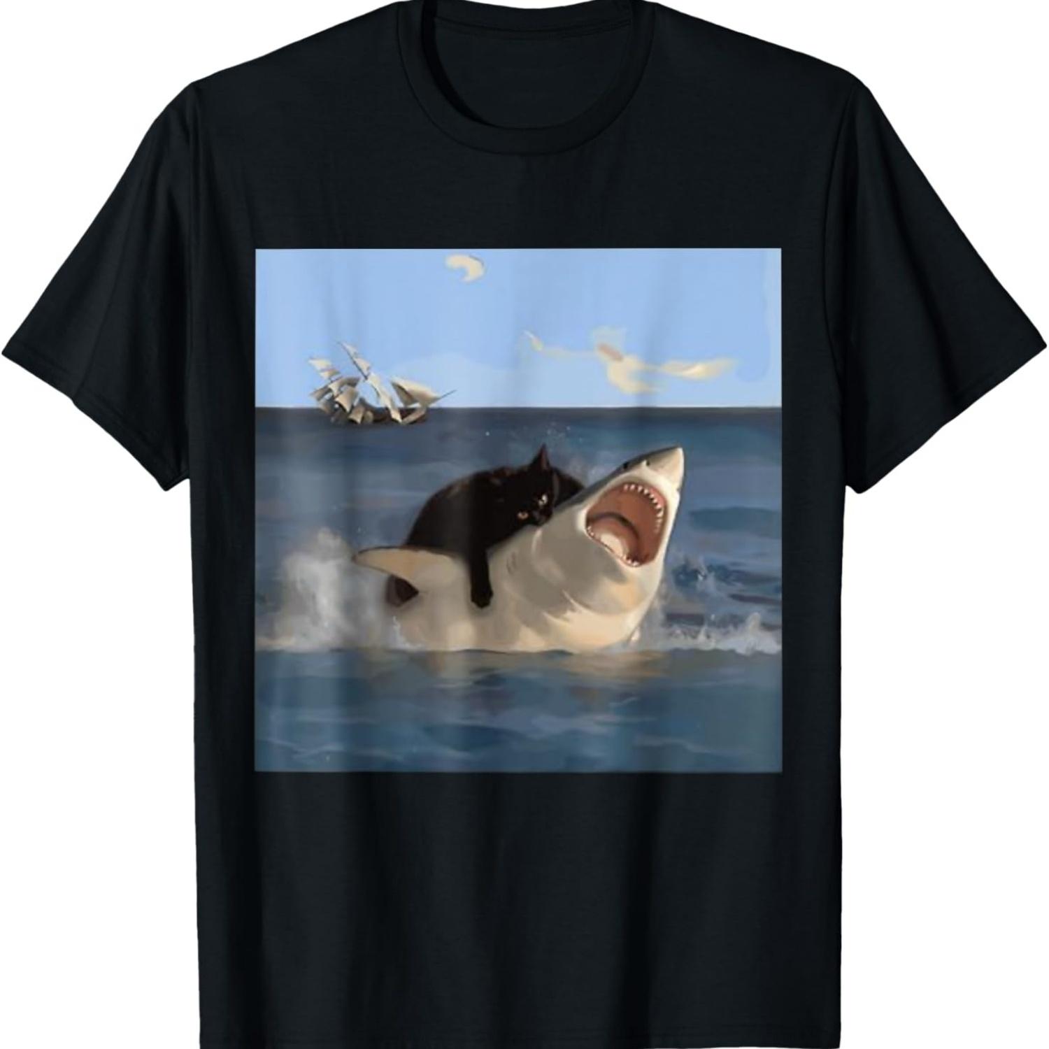 

Cat Biting Shark Funny T-Shirt S чёрный