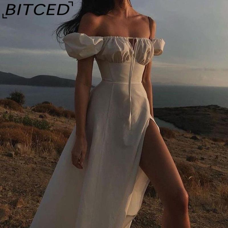 BITCED Spring/Summer Long Dress Women's Commuter Puff Sleeve Tie-Waist Slit Dress