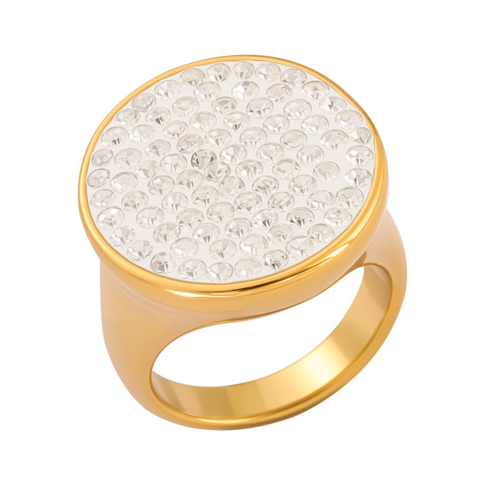 18K Gold Plated Stainless Steel Ring with White Clay and Full Diamond, Fashionable and Luxurious Index Finger Accessory