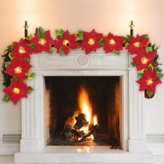 Fireplace String Light Garland LED Warm Light Wireless Christmas Wreath Garland with Flowers Holiday Decoration