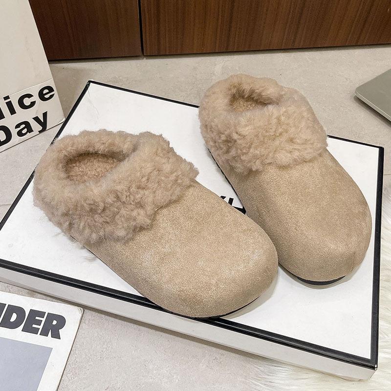 Women's Retro Lightweight and Comfortable Non-slip Heightening Winter Warm Plush Lining Non-slip Durable Casual Cotton One-step Half Slippers