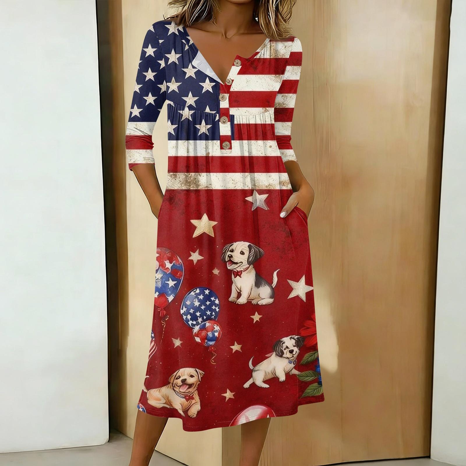 

Womens Casual 34 Sleeve Button Neck Printed Midi Dress with Fireworks and Floral Pattern Loose Fit Summer Dress XL винний