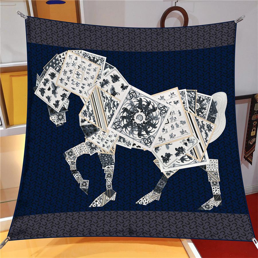 Silk Scarf Women Poker Horse Print Square Scarves Head Echarpes Silk Foulards Femme Wraps Beach Shawls Bandana Lady Hijabs 90CM