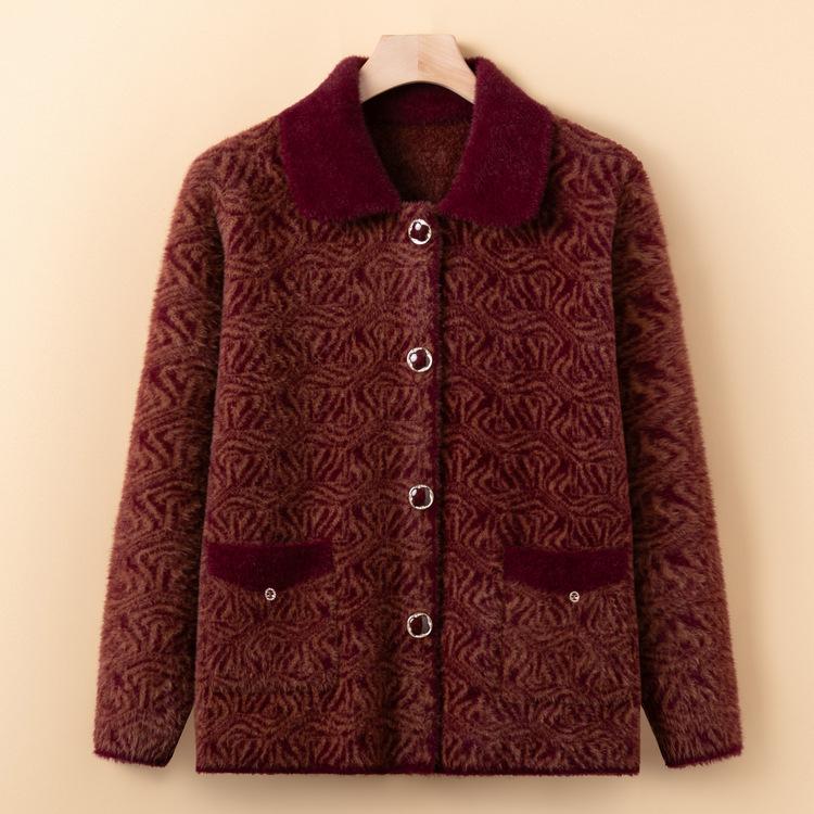 Cardigan Pull de Printemps de Grand-mère Revers Printemps Automne Âge Moyen et Personnes Âgées Mère Porte Vestes Tricotées Vêtements Âgés Plus Velours