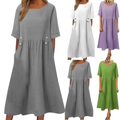 Moda Femenina Color Sólido Cuello Redondo Suelto Con Bolsillos Vestidos Casuales Midi
