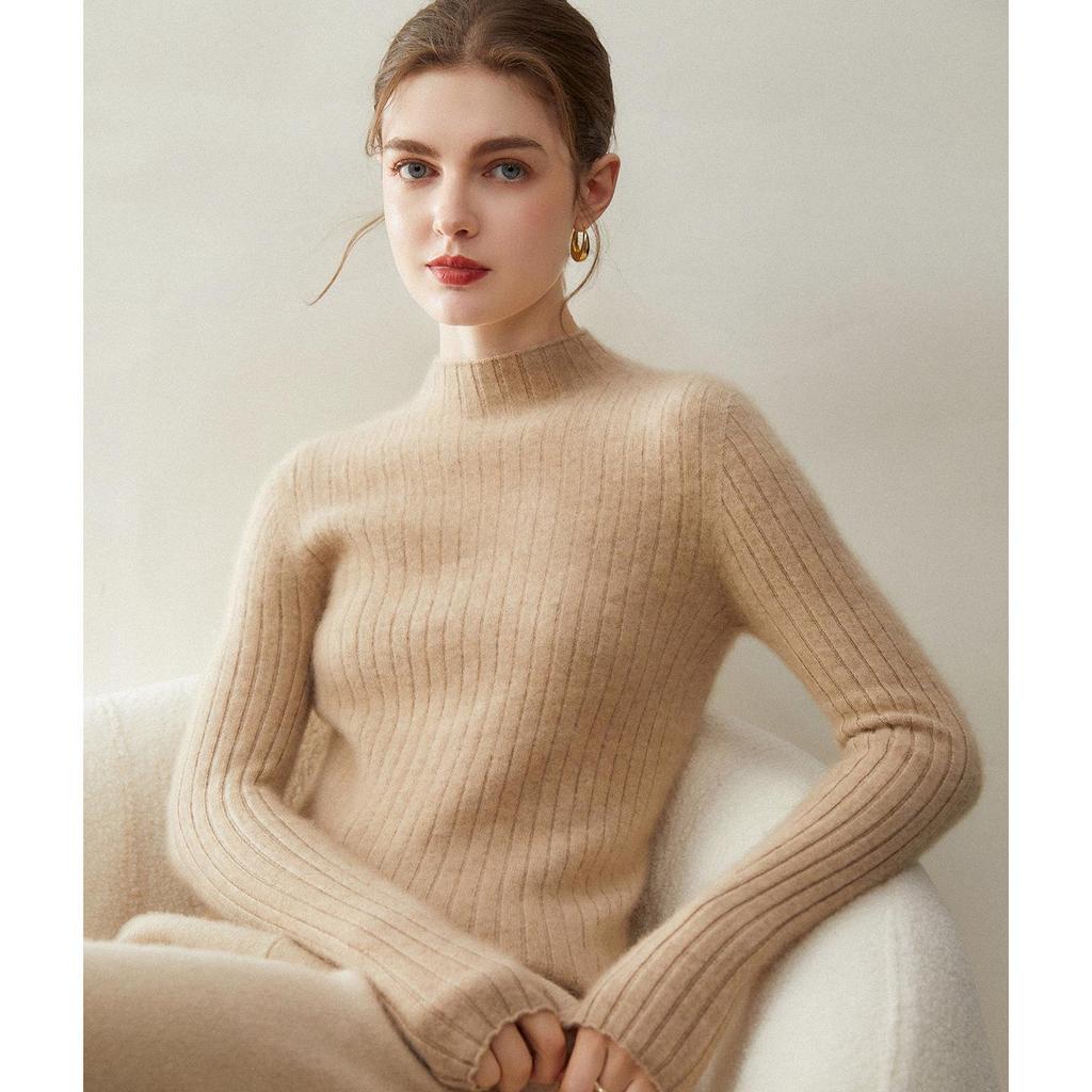 Women's 100% Pure Cashmere Striped Slim Fit Half-High Neck Sweater, Warm Autumn & Winter Knit Base Layer