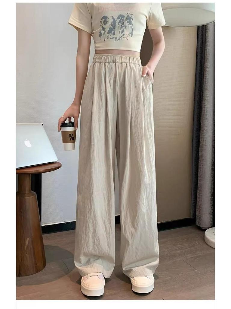 2024 Women's High Waist Pink Ice Silk Wide Leg Pants - Summer Petite Loose Fit with Draping