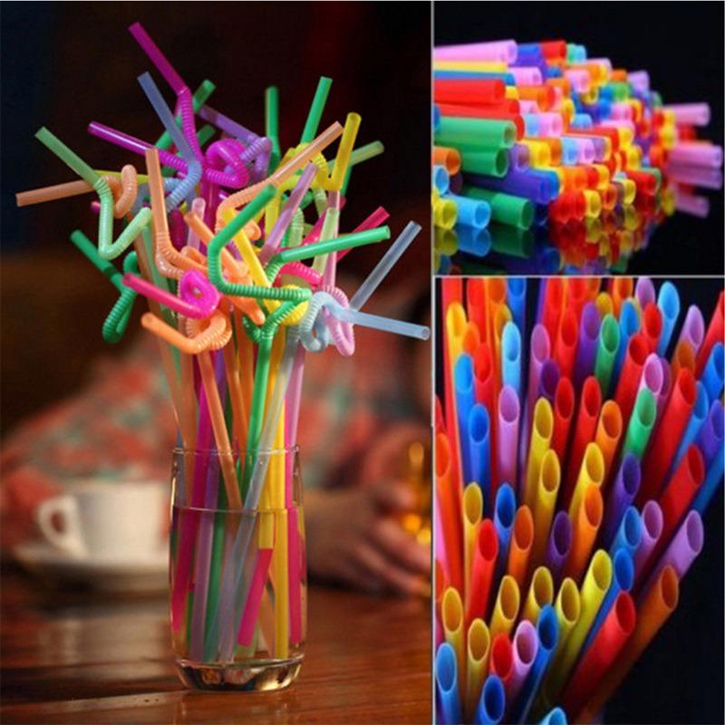 100PCS Flexible Plastic Straws, Colorful Disposable Bendy Party Fancy Straws Extra Long Straws Party Decorations