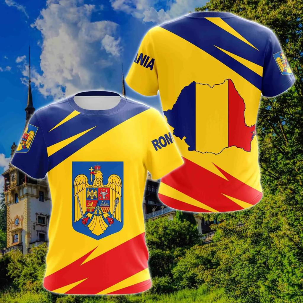 RUMÄNIEN Flagge 3D-Druck Sport Schnelltrocknend Atmungsaktiv Herren T-Shirt Outdoor Street Jersey Kurzarm Eltern-Kind Sommer Oberteil Kleidung