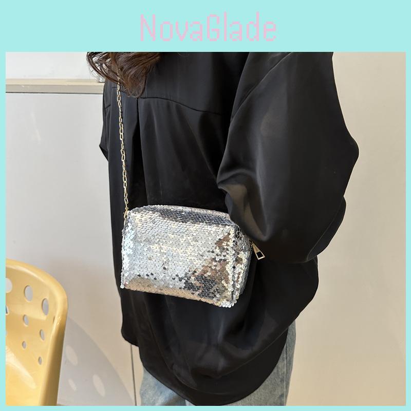 Chic Glitter Small Square Bag With Chain Strap For Summer 2023 In Black Silver Pink