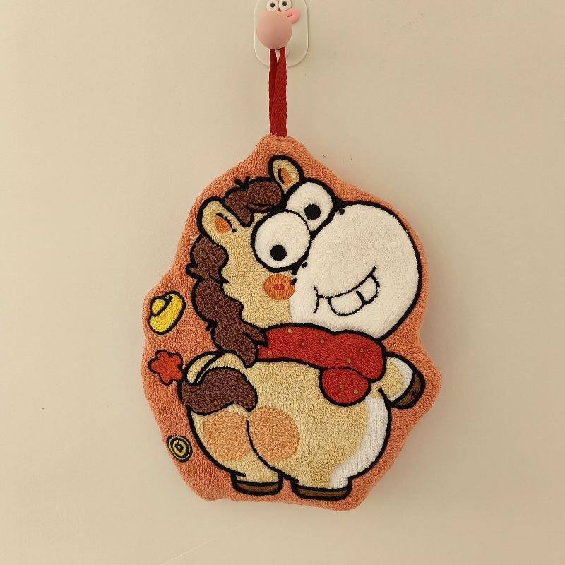 Cute Cartoon Horse Hand Towel Thick Absorbent New Year Lucky Pony Coral Fleece Hanging Towel For Kitchen Bathroom Handkerchief