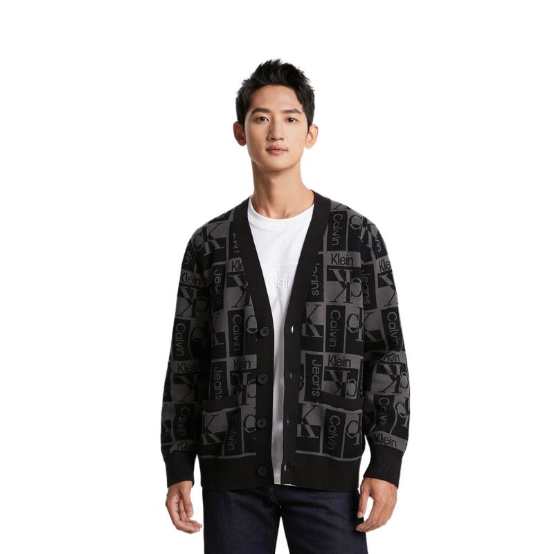 Calvin Klein Letter Jacquard Button V-Neck Knit Sweater Men Sweater Space-Black J324798BEH