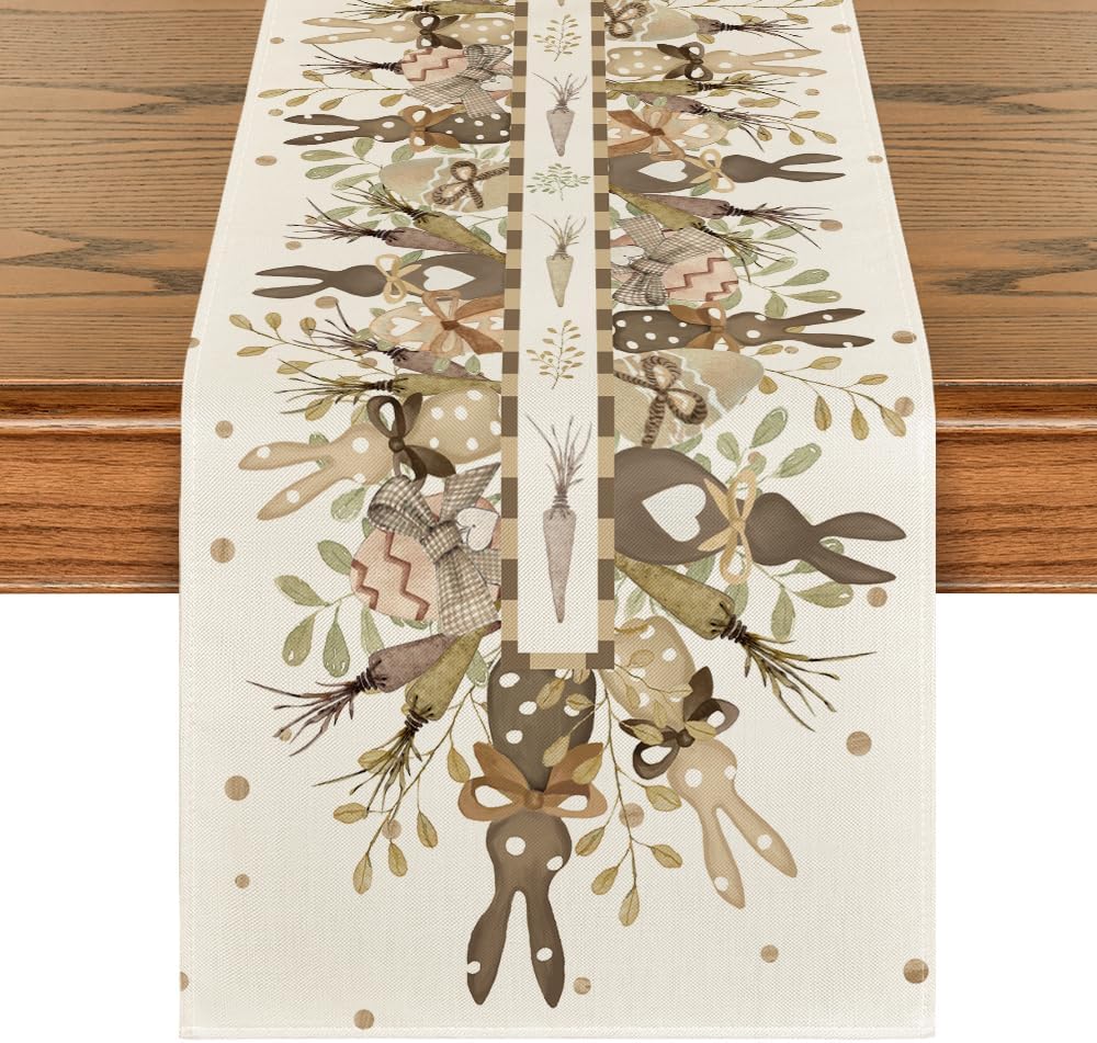 Easter Bunny Rabbit Egg Carrot Leaves Linen Table Runner Party Decor Farmhouse Kitchen Dining Table Runner Easter Decorations 150x33cm