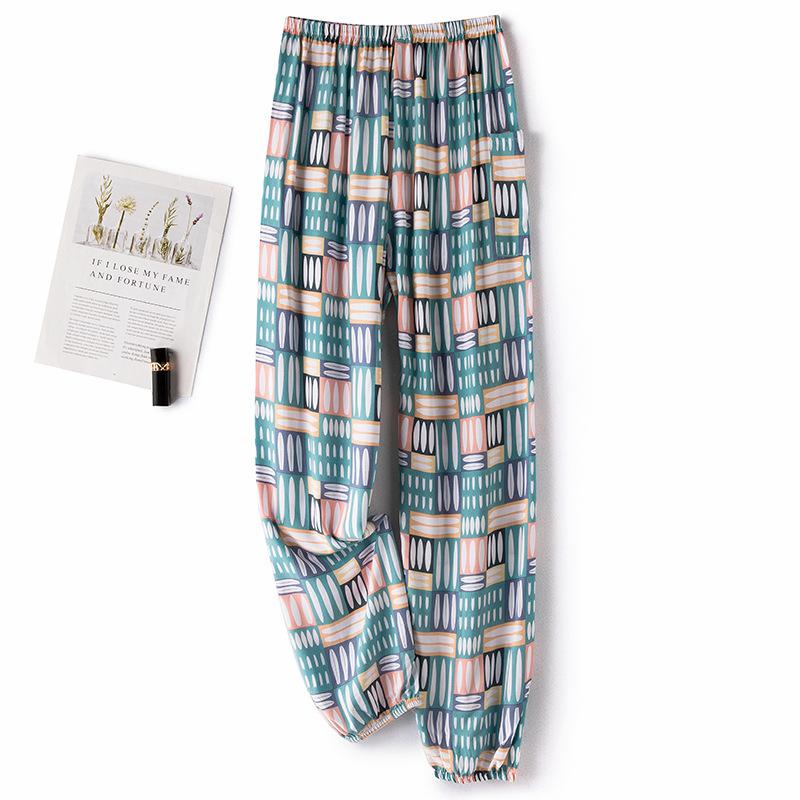 Pantaloni de pijama din bumbac mătase pentru femei, secțiune subțire de vară, anti-țânțari, pantaloni cu picior lat, culoare uni, pentru exterior, casă, petrecere a timpului liber, imprimeu, pantaloni de plajă până la genunchi