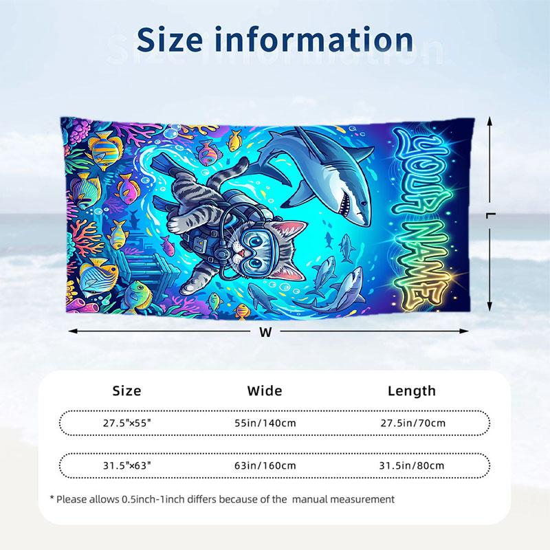 Cat Theme Beach Towel Personalized Custom Name & Text Soft Quick Dry Beach Towel for Swimming Travel