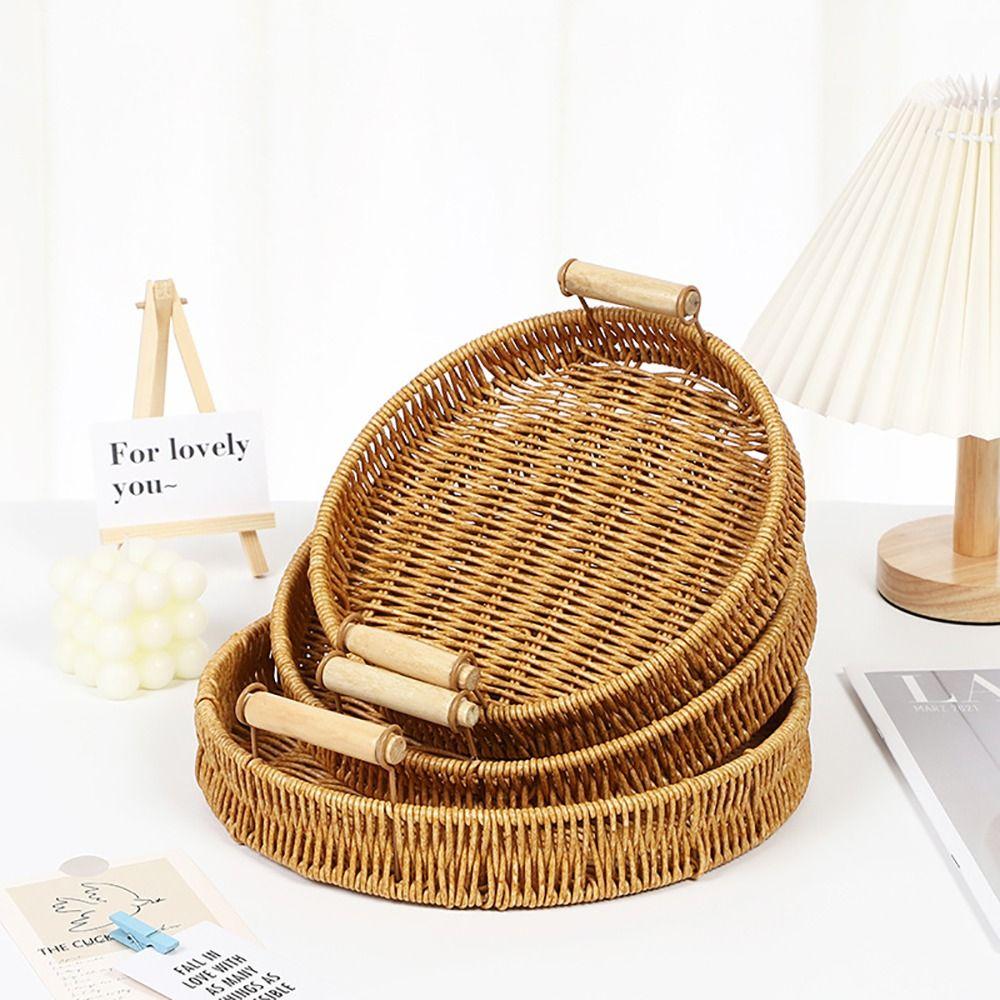 1Pcs Round Shape Handwoven Rattan Basket Fruit Vegetable Cake Wicker Plastic Rattan Threads Basket