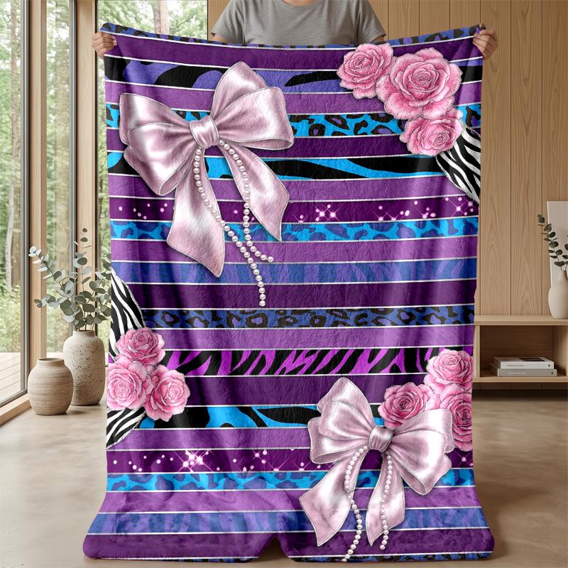 Pink Roses and Bows on Stripes Theme blanket Lightweight Warm Flannel Blanket Decorative Throw Blanket for Home Decoration