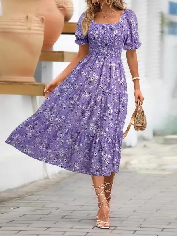 Rochie European-Americană pentru Femei cu Imprimeu, Mânecă Scurtă, Gât Pătrat, Mânecă Bufantă, Stratificată