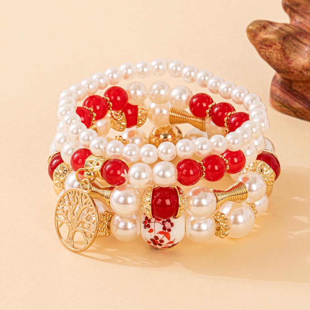 Bohemian Beaded Bracelet Set with Tree of Life Pendant and Faux Pearls