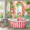 Flamingo Bathing In Pink Bathtub Shower Curtain, Floral Art Bathroom Decorative Curtain, Printed Polyester Curtain with Hooks