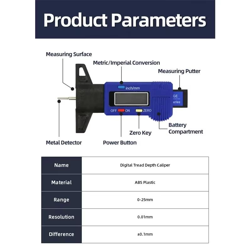 Ecartament digital de adâncime Caliper Ecartament de adâncime a benzii de rulare LCD Ecartament de anvelope pentru auto Anvelope 0-25mm Instrument de măsurare Caliper Instrumente de reparare