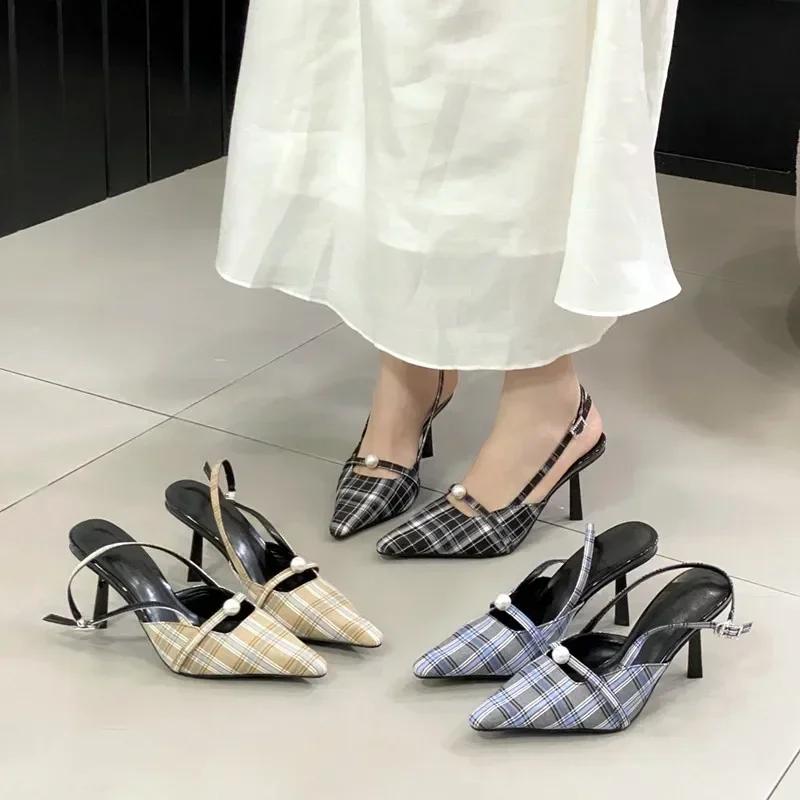 Fashion Retro Plaid Design High Heels Women Summer Elegant Slingbacks Heeled Sandals Sexy Pointed Toe Women Pumps Sandalias De Mujer