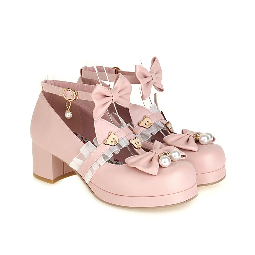 Plus Size Shoes Lace Women Bow Buckle Cute Lolita Girls Shoes Cartoon Bear Pearl Mary Jane Shoes