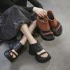 Retro Genuine Leather Outdoor Peep Toe Slippers Height Increasing Thick Soled Women's Sandals