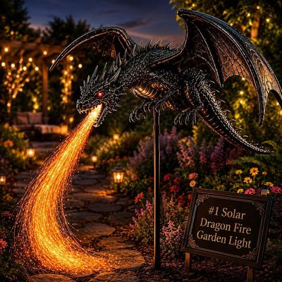 Weatherproof Solar Powered Dragon Fire Garden Statue Stake Light with Breathing Fiber Optic Flames