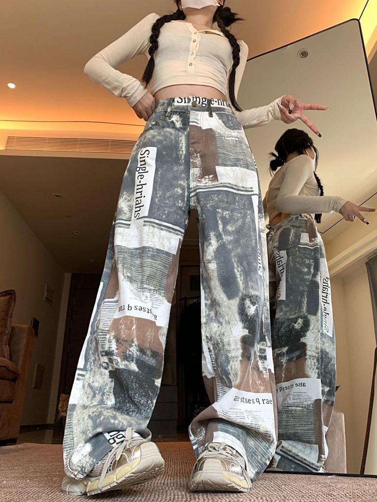 Spicy Girl Newspaper Print Wide-Leg Jeans - Women's Autumn/Winter Slimming Floor-Length Pants