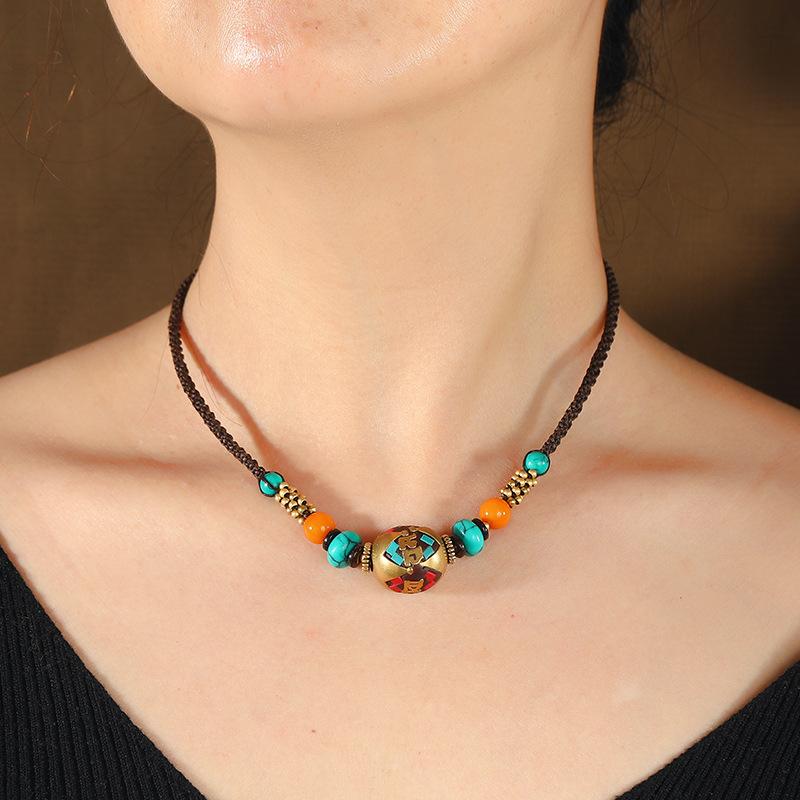 Tibetan retro Nepalese copper bead necklace women's summer woven collarbone chain middle neck chain with jewelry
