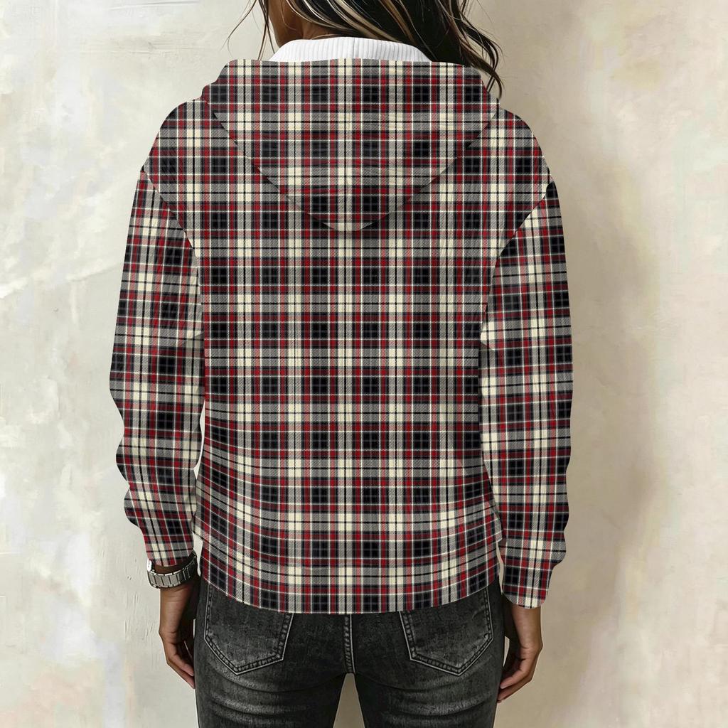 Women's Long Sleeve Pullover Hoodie with Plaid Print and Drawstring Casual Top