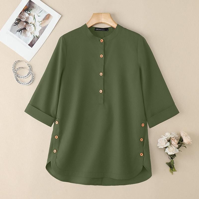 

ZANZEA Женская однотонная свободная повседневная блузка с рукавом 3/4 5XL темно-зеленого