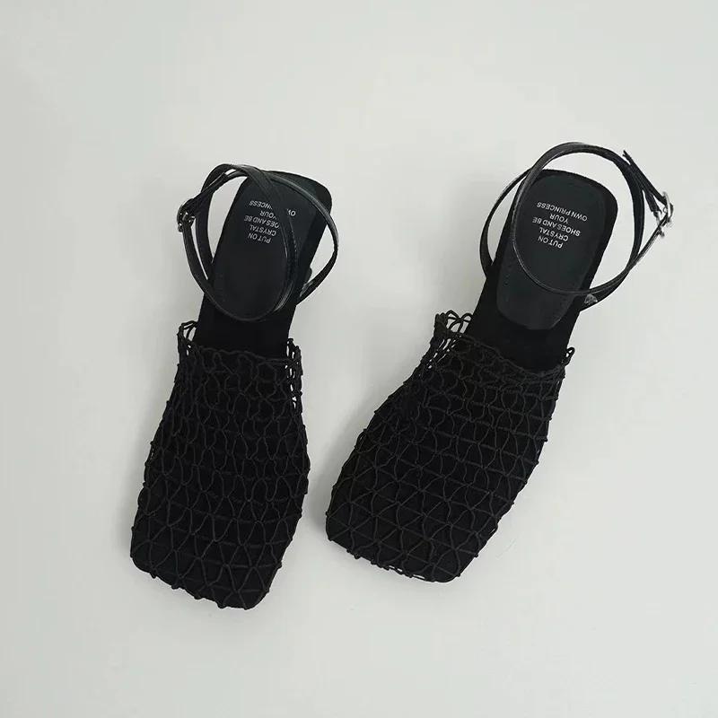 Fashion Designer Mesh Women's Sandals Fashion Square Toe Heeled Shoes Summer Slippers 2025 Elegant Flip Flops Dress Mujer De Sandalias