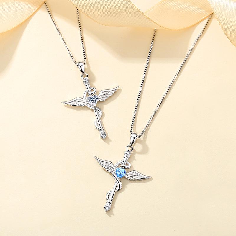 Sterling Silver S925 Cross-Woven Angel Wings Zircon Pendant - Fashion Jewelry