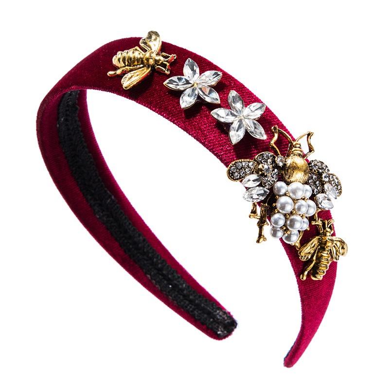 Baroque rhinestone headband bee wide-brimmed gold velvet headband pearl headband красный
