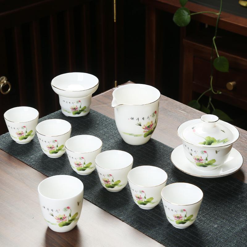Ceramic suet jade porcelain kung fu tea set with gifts for home use