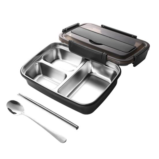 Obědový box z nerezové oceli s vnitřní nádobou 3/4 přihrádkami, nepropustný bento box s hůlkami, lžičkou, držákem na mobilní telefon