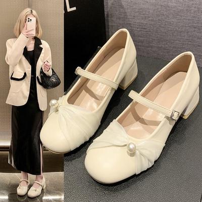 With Skirt Mary Jane Single Shoes Women's 2025 Summer New Shallow Mouth Flat Bottom Evening Shoes Gentle Wind Pearl Single Shoes Women