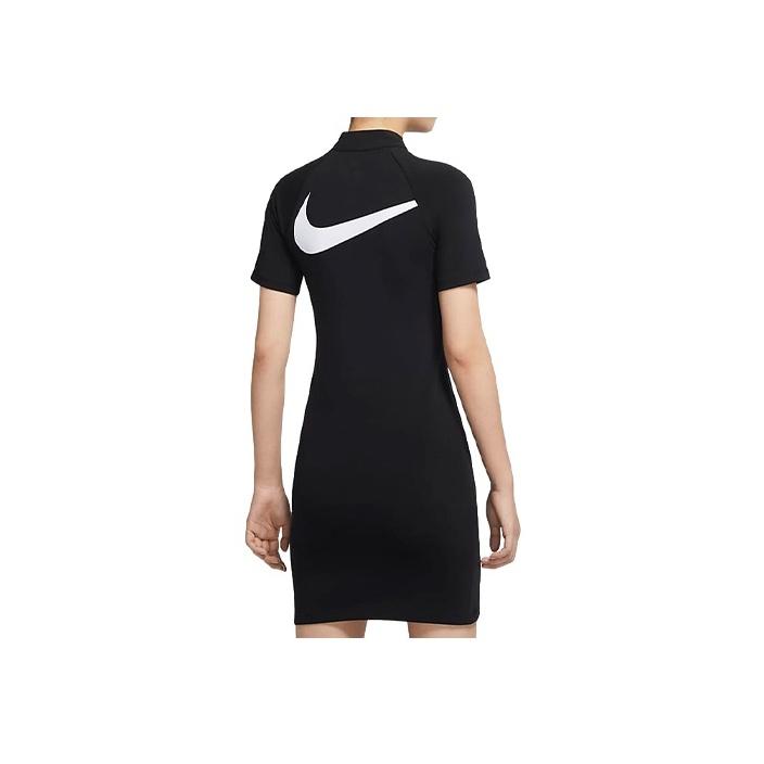 Nike Sportswear Swoosh Casual Long Dress Half Zip Athletic Slim Fit Short Sleeve Dress Women Dresses Black CU5675-011
