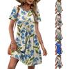 Women Short Sleeve Floral Print Casual Dress Round Neck Waist Tie with Pockets Lightweight Summer Dress