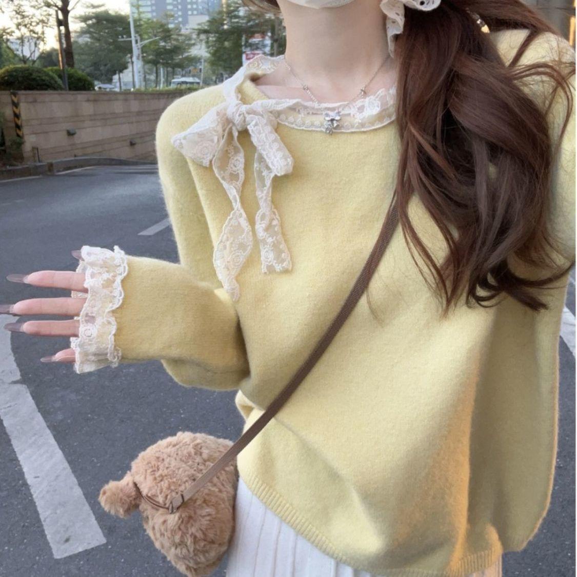 

Женский мягкий кружевной вязаный свитер для осени и зимы - Элегантный дизайн One Size жёлтый