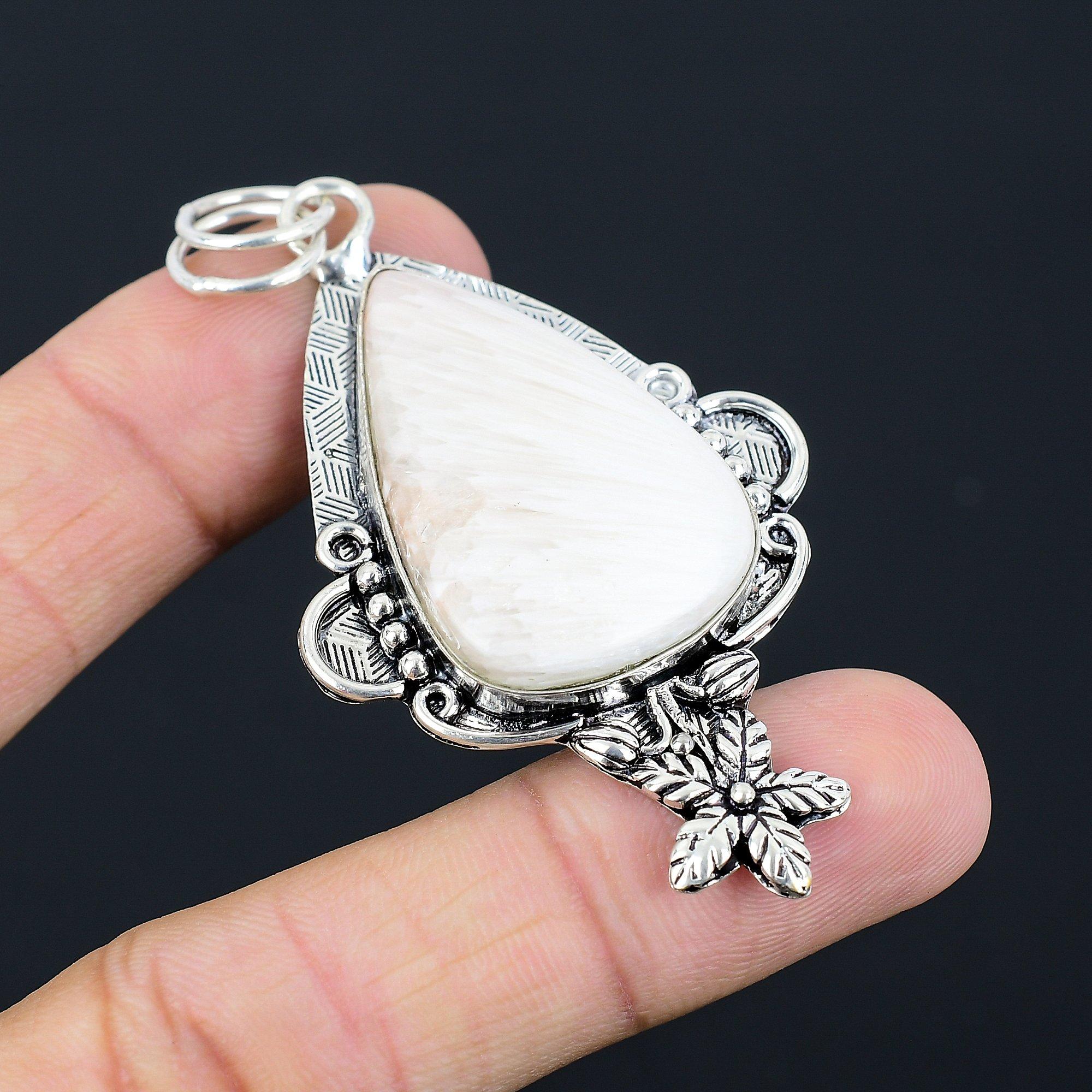 Gift For Women Pendant Flower 925 Sterling Silver Natural Scolecite Gemstone