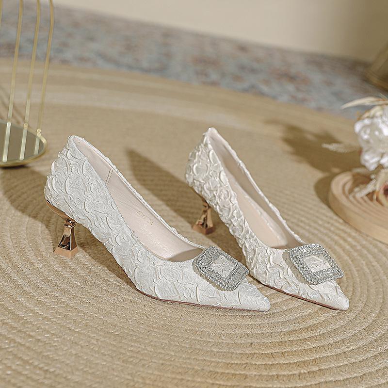 Pointed high heels women's thin heels sexy 2025 new spring and autumn women's shoes pleated satin French temperament small heel shoes