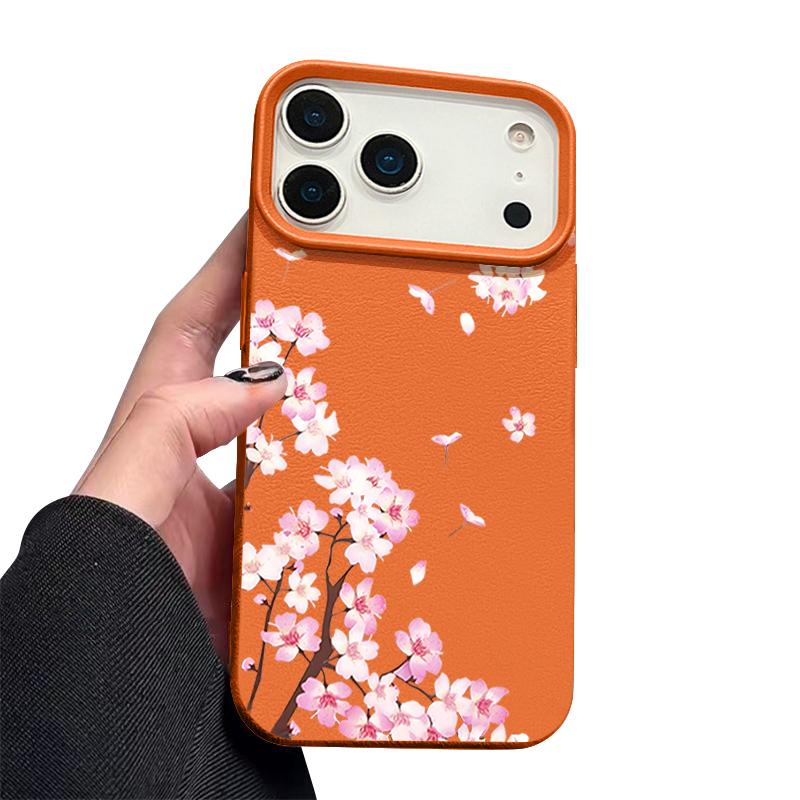 Pink Peach Blossoms Floral Pattern Case For iPhone 17 Pro Max Funda iPhone 16 Pro Max 15 14 13 12 11 Air 16E Leather Texture Silicone Cover