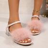 Fashion Women Sandals Fluffy Peep Toe Crystal Chunky Middle Heels Ladies Summer Shoes Fashion Buckle Sandalen Shoes for Women Designer