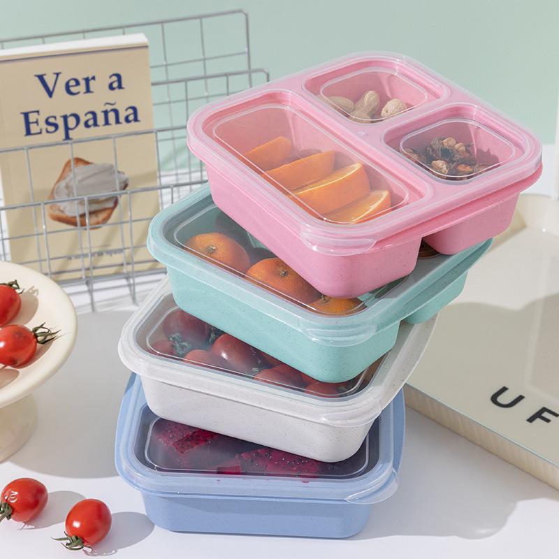 Three Compartment Wheat Straw Bento Box for Fruit, Snacks, and Pastries - Fresh-Keeping and Portable for Outdoor Travel Lunches