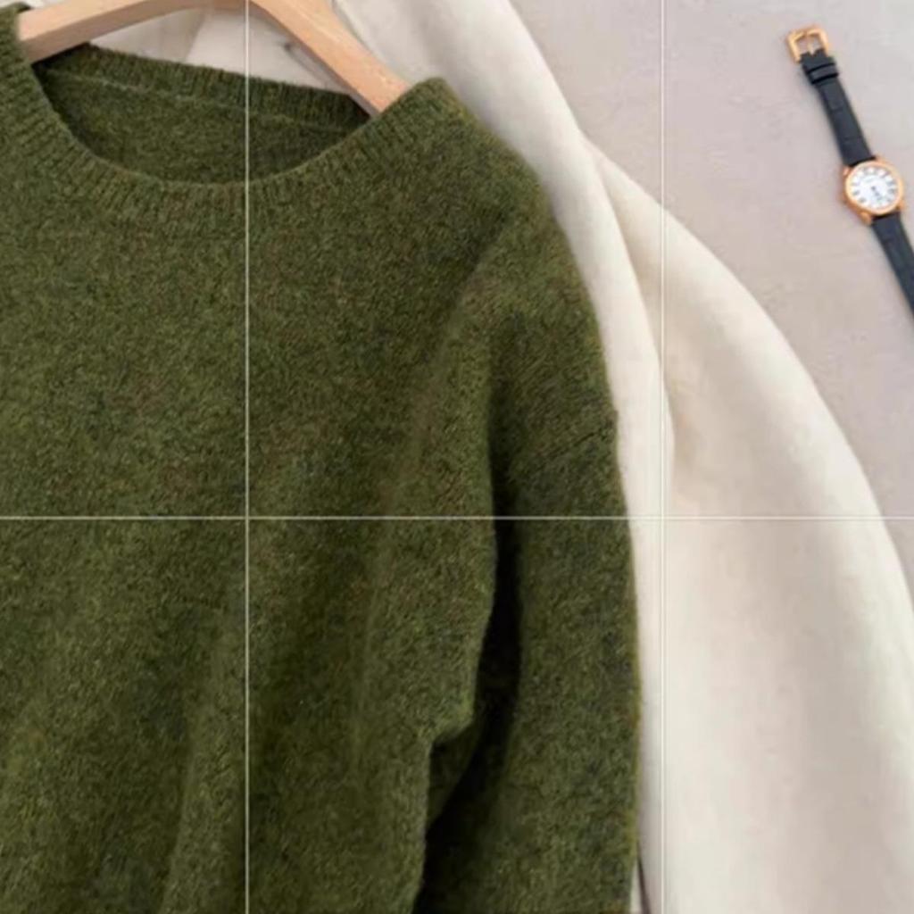 Women's Retro Avocado Green Knit Pullover Sweater - Loose Fit, Ideal for Autumn/Winter Layering