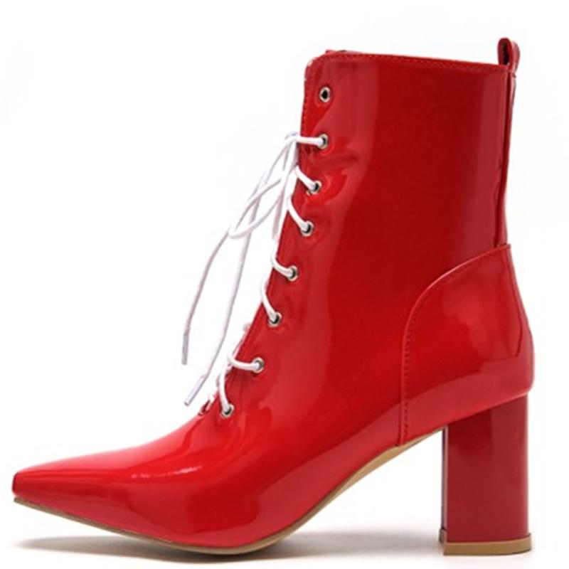 Móda Nadměrná velikost 47 Podzim Zima Kotníkové boty pro ženy Lakovaná kůže Vodotěsné Krátké boty Módní Šněrovací Červené Bílé Motorkářské boty