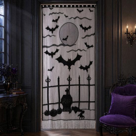 Halloween Türvorhang, Spitze Spinnennetz Kaminabdeckung, Gruseliges Skelett Hexe Fledermaus Druck Fenster Tür Vorhänge für Haus Innen Party Dekoration